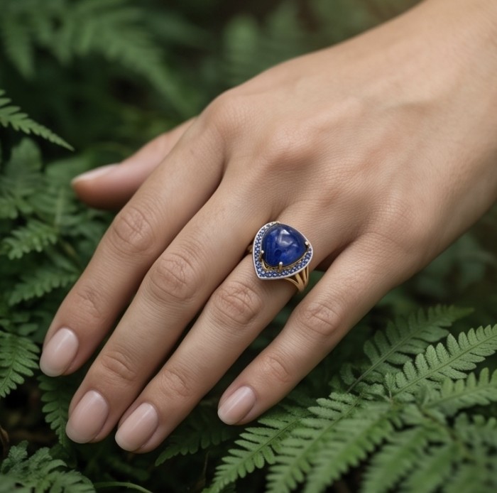 Iconic design - Natural 16.5 carat Sapphire 22K GOLD over .925 Sterling Silver handcrafted ring size 7 1/2 - Sapphire ring worn on hand, surrounded by green foliage.