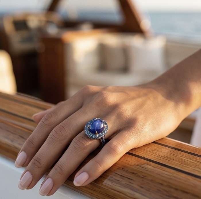 The Star of Kilimanjaro oval cut 22.6 carat Tanzanite 22K Gold over .925 Sterling Silver handmade Statement ring size 7 - Hand wearing The Star of Kashmir sapphire ring.