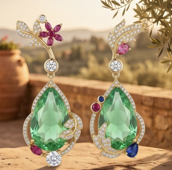 Floral design - 24.5 carat Green Topaz 14K Gold over .925 Sterling Silver handmade Statement earrings - Floral earrings with green topaz and gemstones, front view, outdoors.