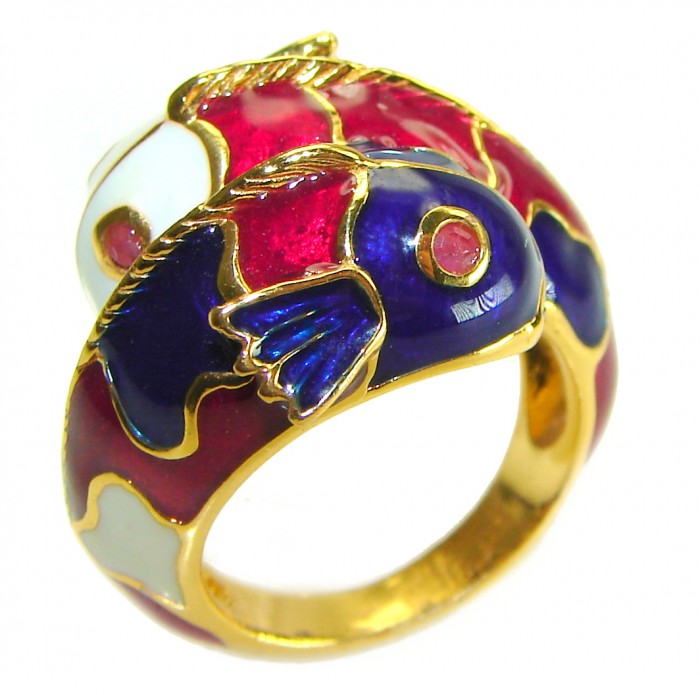 Two Fishes Enamel Ruby 18K Gold over .925 Sterling Silver Huge handcrafted Ring s. 6 3/4 - photo 2
