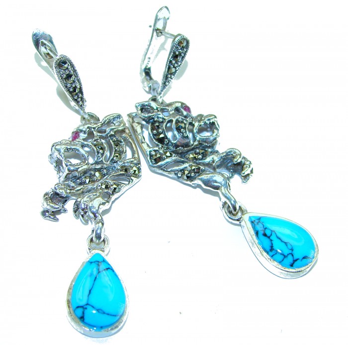 Spectacular Panthers Blue Turquoise .925 Sterling Silver handcrafted Earrings - photo 3
