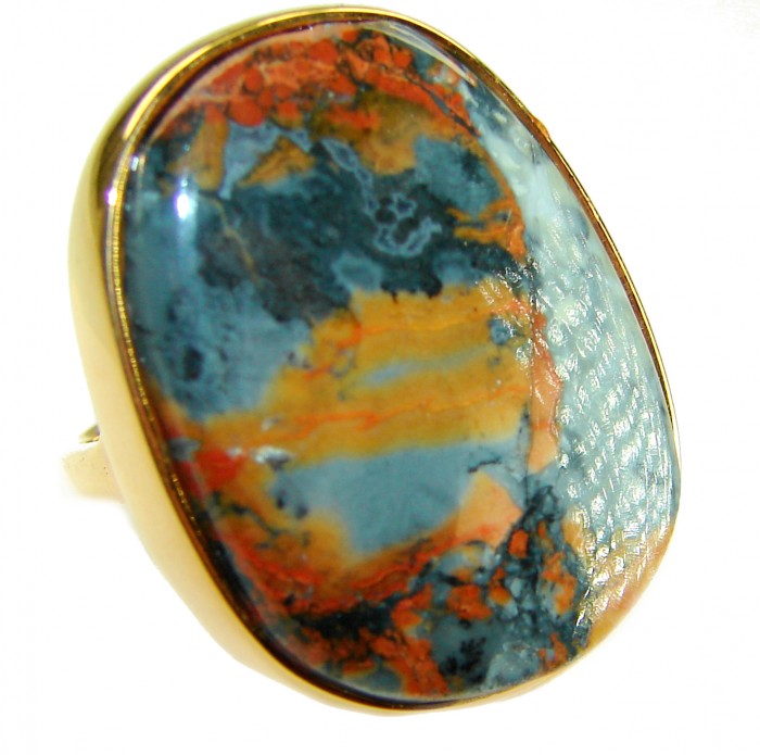 Large Silky Golden Pietersite 14K Gold over .925 Sterling Silver handmade Ring size 8 - Close-up of large Pietersite ring set in gold over sterling silver.