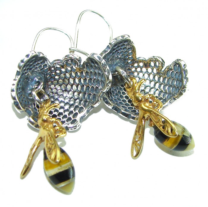Very Special product - Wonderful Bees Baltic Amber 18K Gold over .925 Sterling Silver entirely handcrafted earrings - Bee earrings with honeycomb design and amber, front view.