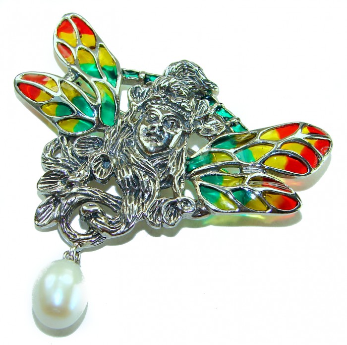 Mother Nature genuine Enamel Pearl .925 Sterling Silver handmade Pendant - Brooch - Front view of Mother Nature enamel and pearl sterling silver brooch.