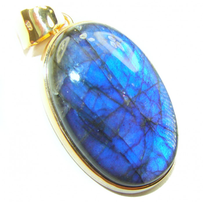 Magical Aurora SILKY Fire Labradorite 14K Gold over .925 Sterling Silver handcrafted Pendant - Close-up of blue labradorite pendant set in 14K gold over .925 silver.