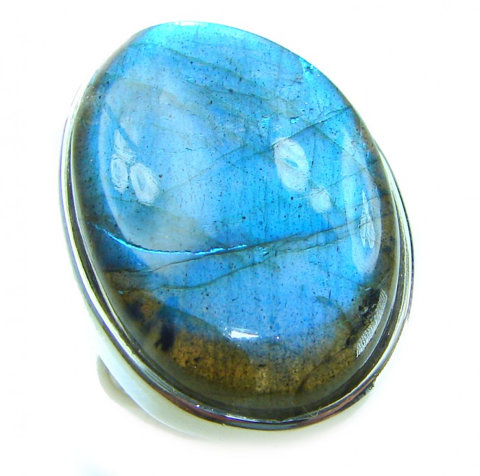 Shimmering Natural Labradorite .925 Sterling Silver handcrafted Large ring size 8 adjustable - Close-up of shimmering natural labradorite in .925 sterling silver.