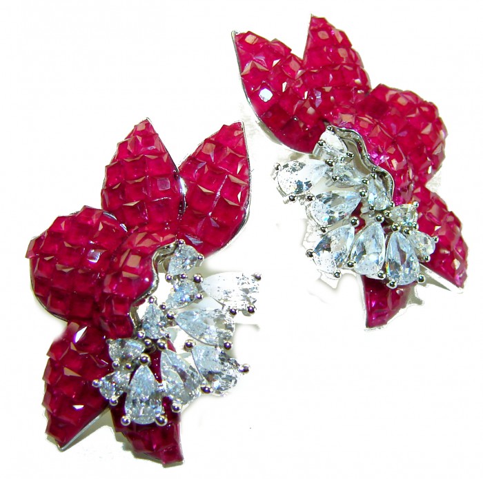 Giovanna - Authentic 22.9 carat Ruby .925 Sterling Silver handcrafted earrings - Ruby earrings on white background, showcasing intricate stone detail.