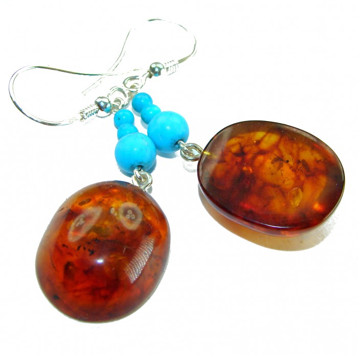 Golden Honey Drops authentic Baltic Amber .925 Sterling Silver earrings - Amber earrings with turquoise beads, close-up view.