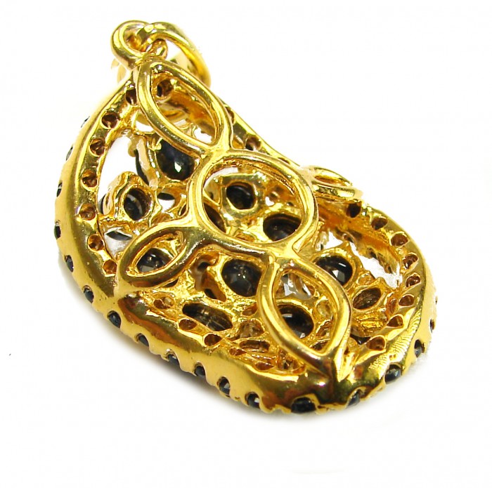 Melody - Vintage Design 10.4 CARAT Sapphire 18K Gold over .925 Sterling Silver handcrafted Pendant - Side view of vintage gold pendant with sapphires