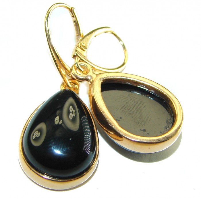 Outstanding authentic Onyx 14K Gold over .925 Sterling Silver Earrings - Close-up of onyx earrings with 14K gold over .925 sterling silver.