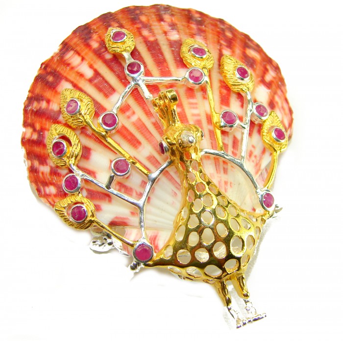 Greaceful Peacock Genuine Ocean Shell Ruby 14K Gold over .925 Sterling Silver handcrafted Pendant brooch - Peacock shell brooch with rubies, gold overlay, front view.