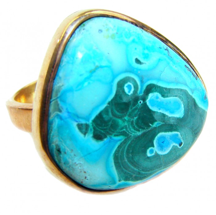 Authentic Parrot's Wing Chrysocolla 18K Gold over .925 Sterling Silver handcrafted ring size 8 adjustable - Stone close-up of Parrot's Wing Chrysocolla ring in 18K gold over sterling.