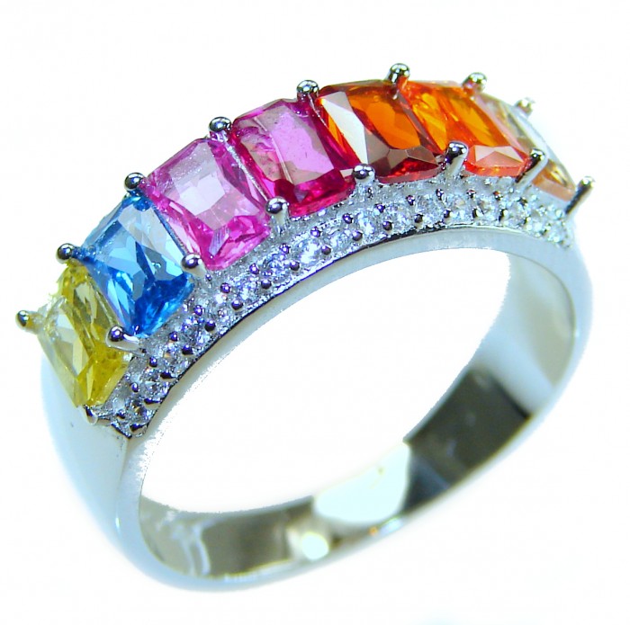 Precious Rainbow- authentic 8.2 carat multigem .925 Sterling Silver Eternity Ring size 6 - Side view of rainbow multigem stone sterling silver ring.