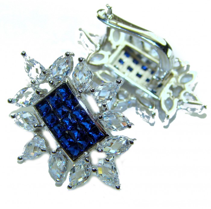 Born to Glam authentic 10.5 carat Sapphire .925 Sterling Silver handcrafted earrings - Close-up of 10.5 carat sapphire and crystal earrings on white background.