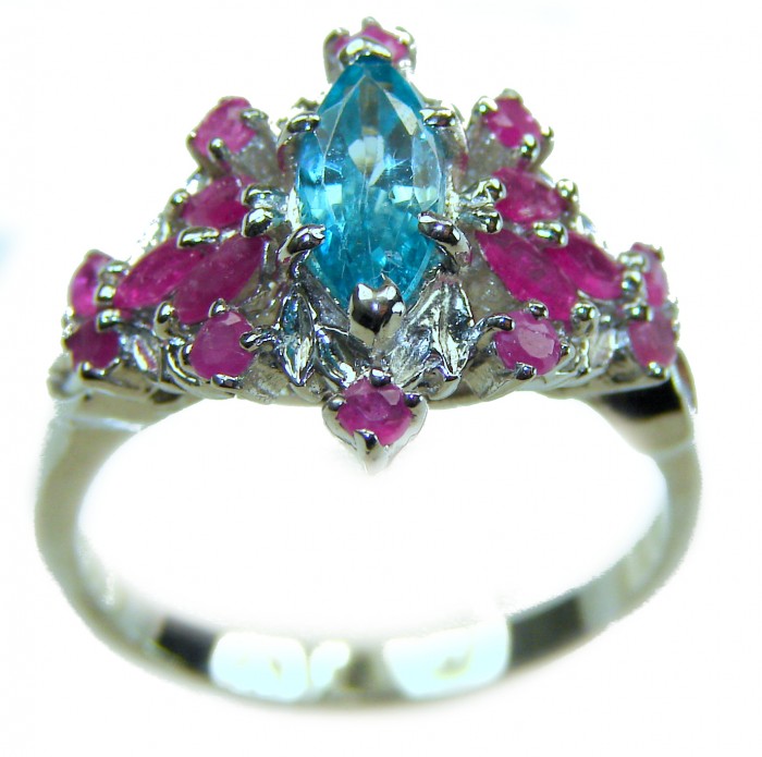 Emily 8.5 carat Swiss Aquamarine Ruby .925 Sterling Silver handmade Statement Ring size 9 - Close-up of Emily ring with aquamarine and ruby in sterling silver.