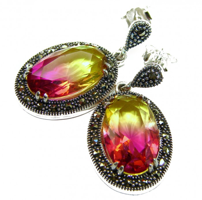 Tiffany 17.5 carat Ametrine Marcasite .925 Sterling Silver HANDCRAFTED Earrings - Close-up of Tiffany Ametrine Marcasite Sterling Silver earrings