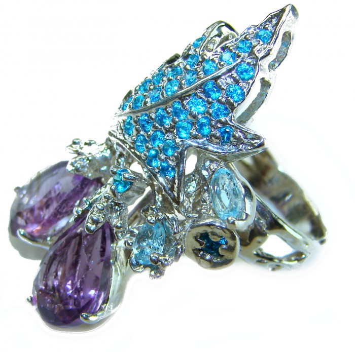 Purple Odyssey 12.5 carat natural Amethyst Apatite .925 Sterling Silver Handcrafted Ring size 6 - Close-up of intricate ring with purple and blue gemstones