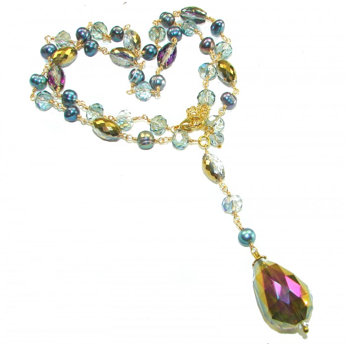 Bohemian Style Huge Genuine 34 inches Titanum Crystal .925 Sterling Silver handmade necklace - Bohemian style necklace with crystals and pearls, top view.