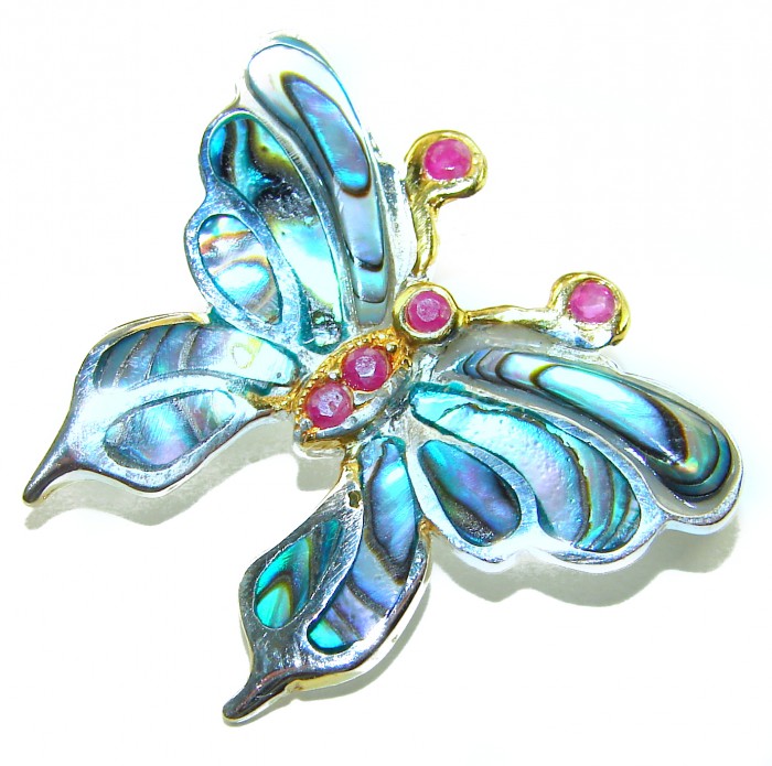 BUTTERFLY Natural Rainbow Abalone .925 Sterling Silver handmade Pendant - Butterfly brooch with abalone inlay, top view, sterling silver and pink stones