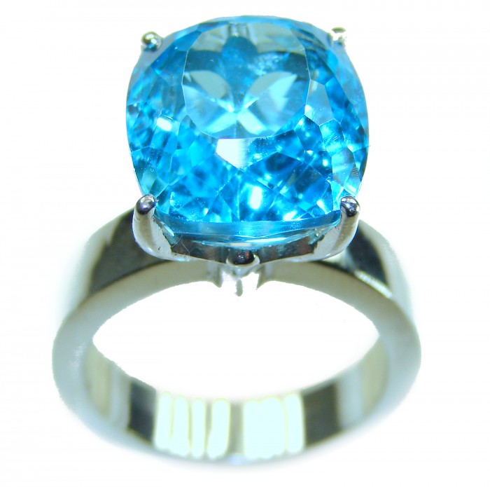 Pacifica 10.5 carat authentic Swiss Blue Topaz .925 Sterling Silver handmade Statement Ring size 8 - Close-up of Swiss Blue Topaz ring in sterling silver setting.
