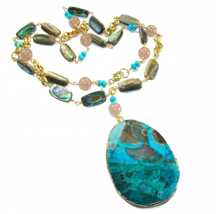 Boho Style - Great quality Chrysocolla 10K Gold over .925 Sterling Silver handcrafted Necklace - Boho style necklace with chrysocolla pendant, top view.