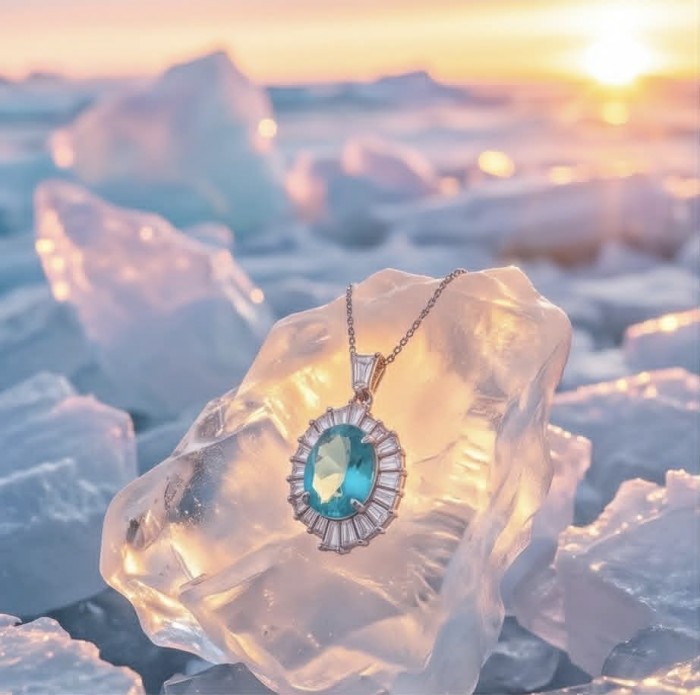 Wonderland 10.2 carat fancy oval cut Paraiba Tourmaline .925 Sterling Silver Handcrafted Statement necklace - Paraiba Tourmaline pendant on ice, close-up with sunset background.