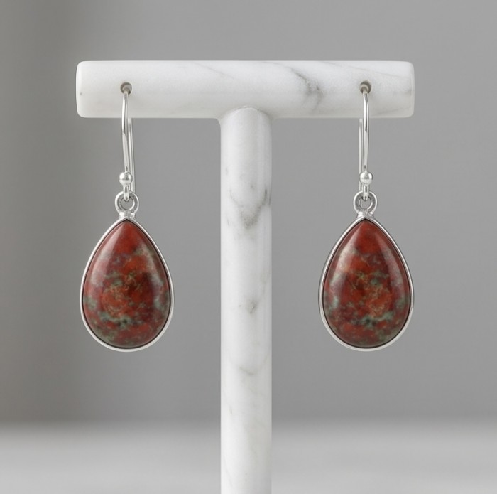 Natural Sonora Jasper .925 Sterling Silver handcrafted Earrings - Natural Sonora Jasper earrings on stand, front view.