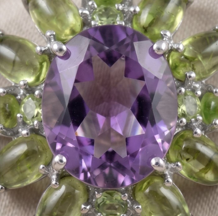 Mademoiselle -12.5 carat natural Amethyst Peridot .925 Sterling Silver dipped in Rhodium handcrafted Pendant - Close-up of amethyst and peridot gemstone in silver setting
