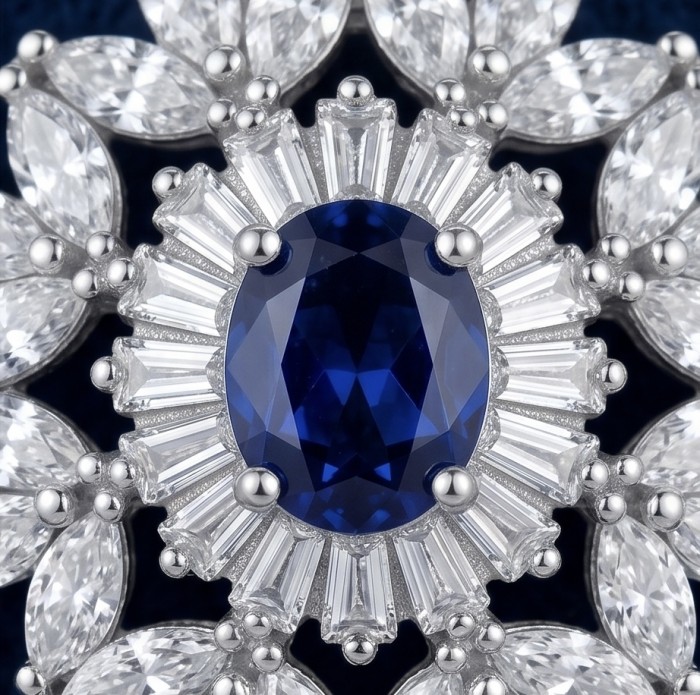 Art Deco - Incredible genuine 8.5 CARAT Sapphire .925 Sterling Silver handcrafted Earrings - Close-up of Art Deco sapphire and diamond .925 sterling silver jewelry.