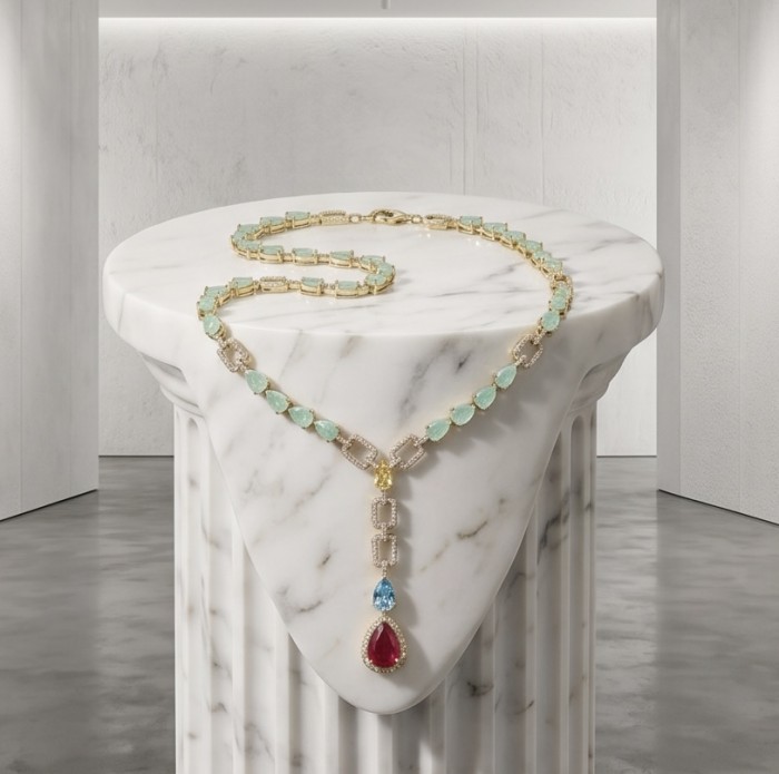 Flawless rare Chrysophrase 18K Gold over .925 Sterling Silver handcrafted necklace - Necklace on marble pedestal, showcasing stones and drop detail.