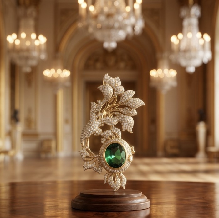 Ultimate Treasure - floral design- 7.2 CARAT Emerald .925 Sterling Silver dipped in 22K Gold handcrafted Pendant Brooch - Ornate floral jewelry with emerald, displayed in an opulent setting.