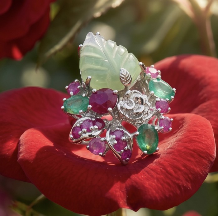 Large Natural 21.5 carat carved Green Amethyst .925 Sterling Silver handcrafted ring size 7 1/2 - Close-up of ornate ring with green amethyst on a red petal.