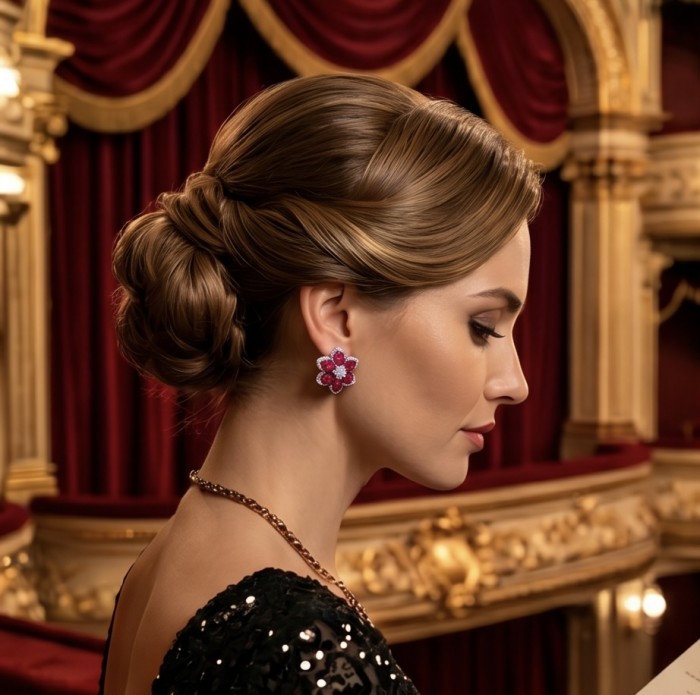 Born to Glam - floral design- authentic 10.2 carat Ruby .925 Sterling Silver handcrafted earrings - Side view of woman wearing Born to Glam ruby floral earrings.