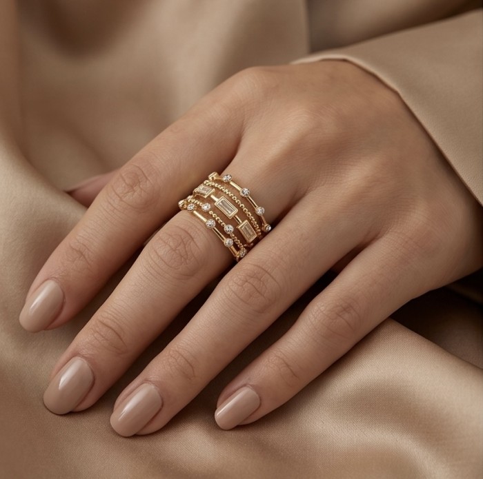 Luxurious 3.8 carat White Topaz Gold over .925 Sterling Silver handcrafted Statement Ring size 7 - Topaz gold ring set worn on hand, close-up view.