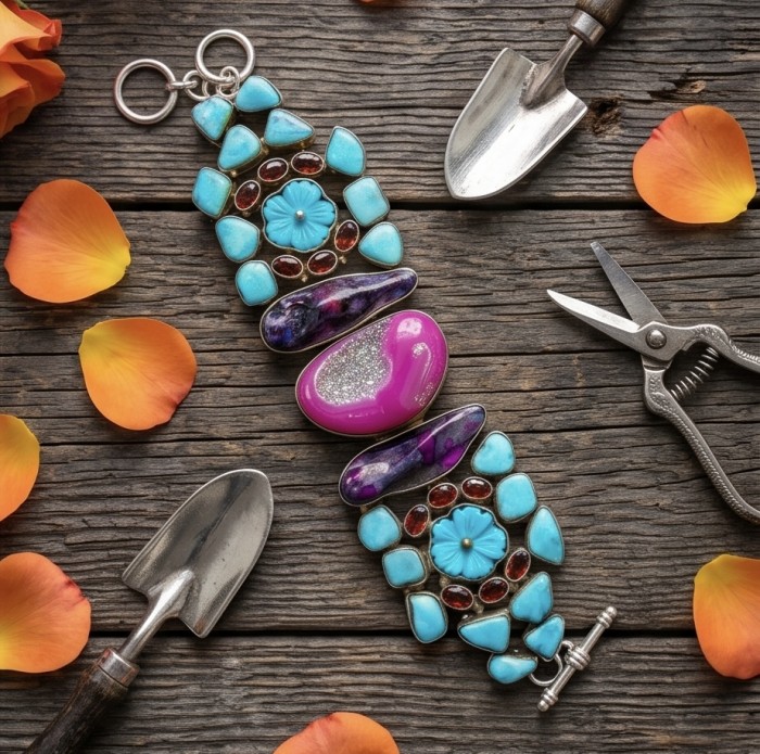 Just Fabulous 88.5 grams Large Pink Titanium Agate Druzy .925 Sterling Silver handcrafted Bracelet - Top view of colorful gemstone bracelet on wooden surface with tools.