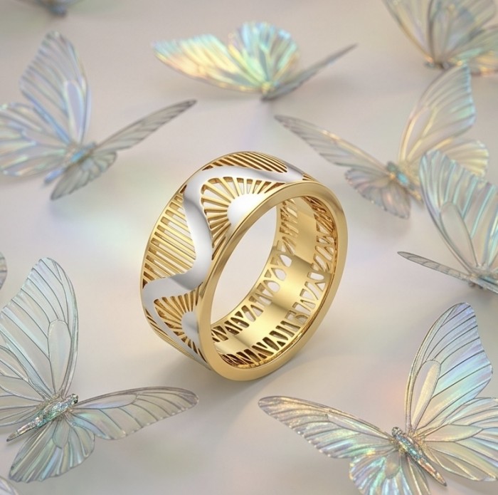 Secret code Precious Natural two tones .925 Sterling Silver Women ring size 12 - Ring surrounded by ethereal butterflies, showcasing intricate design.