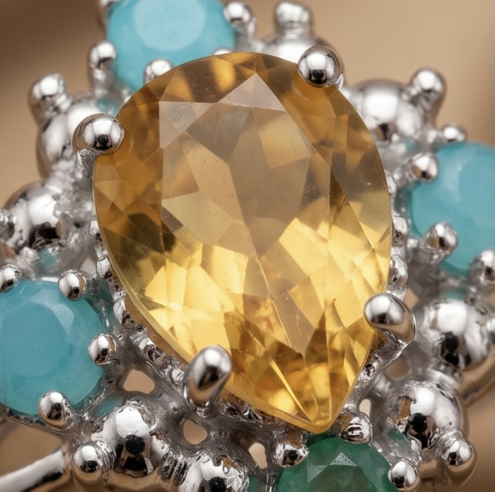 4.2 carat Brazilian Citrine Emerald rhodium over .925 Sterling Silver handcrafted ring; s. 6 - Stone close-up of citrine and emerald rhodium over silver jewelry.