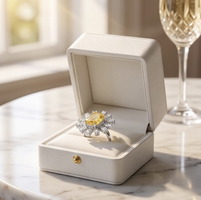 Wearable Art 6.8 carat Genuine Yellow Sapphire .925 Sterling Silver handcrafted ring size 6 1/4 - Yellow sapphire ring in white box on table, with close-up stone detail