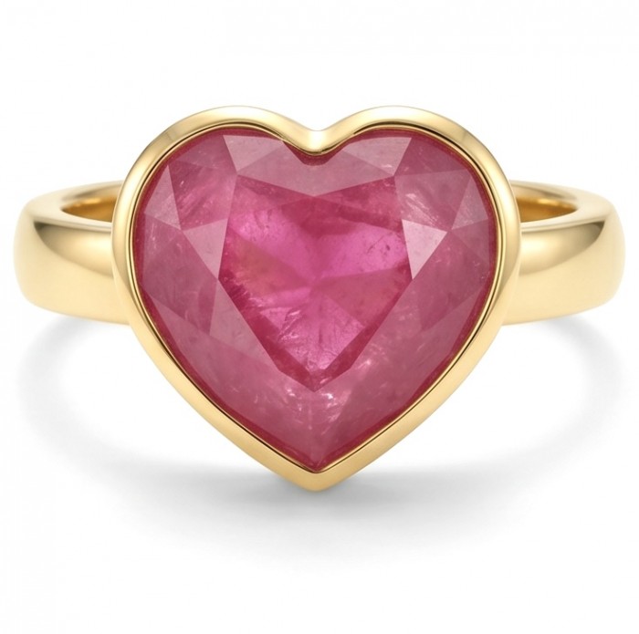 Always on my Mind Natural heart shape 22.7 carat Ruby .925 Sterling Silver dipped in 22K Gold handmade Statement Ring size 8 - Heart-shaped ruby ring front view, 22.7 carat, gold band.