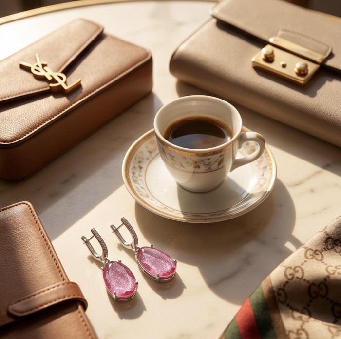 Angelina 14.9 carat authentic Pink Tourmaline .925 Sterling Silver Handcrafted Earrings - Pink Tourmaline earrings on marble table with coffee and luxury bags.