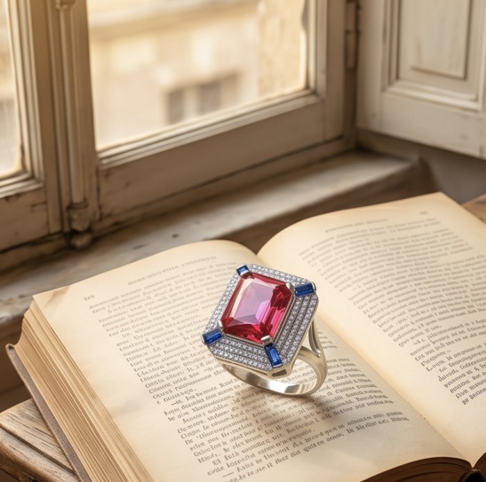 Art Deco 16.6 ctw Ruby .925 Sterling Silver handcrafted Statement Ring size 8 - Art Deco ruby ring on open book by window, top view.