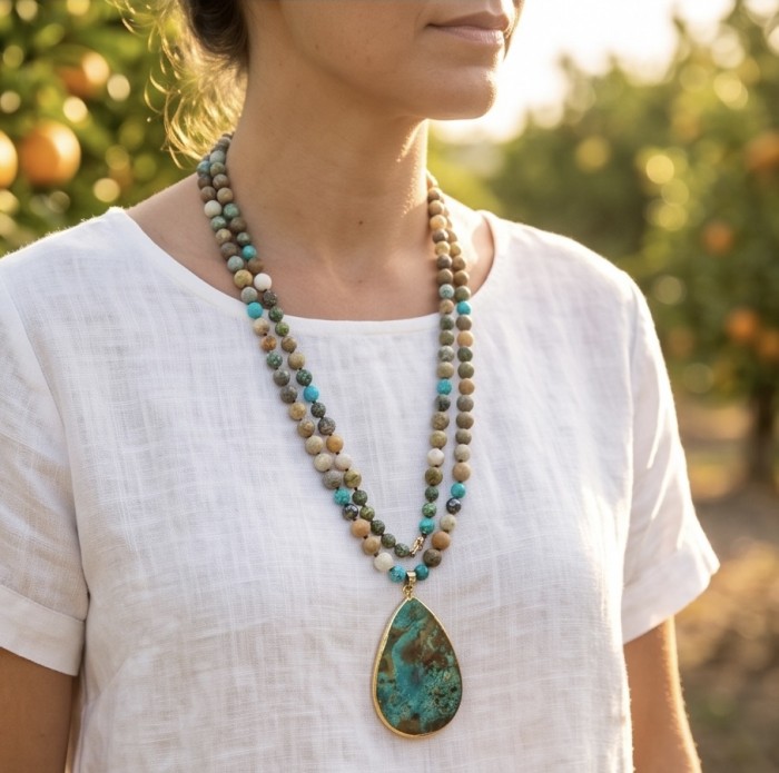 Boho Style - Great quality Chrysocolla .925 Sterling Silver handcrafted Necklace - Front view of boho chrysocolla necklace worn on a person.