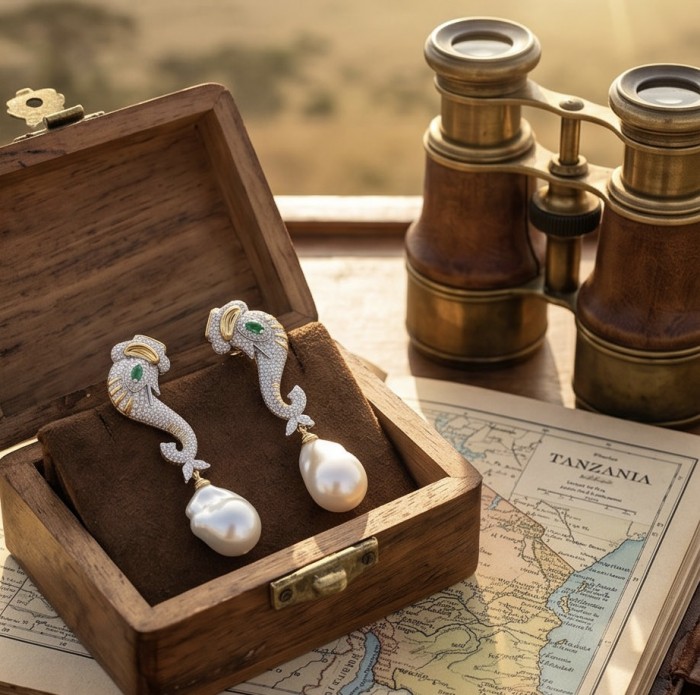 Two Elephats with 0.4 carat Emerald Eyes - Baroque style Precious natural Mother of Pearl 22K Gold over .925 Sterling Silver handcrafted earrings - Earrings in a box beside map and binoculars, front view.