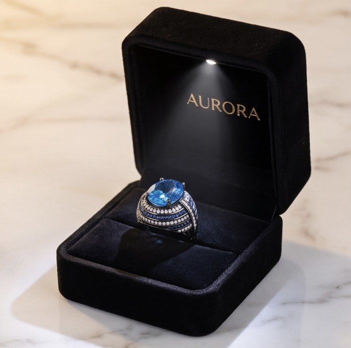 Julietta 18.8 carat London Blue Topaz black rhodium over.925 Sterling Silver handmade Statement Ring size 6 - Julietta ring in box, top view; 18.8 ct blue topaz with diamond accents