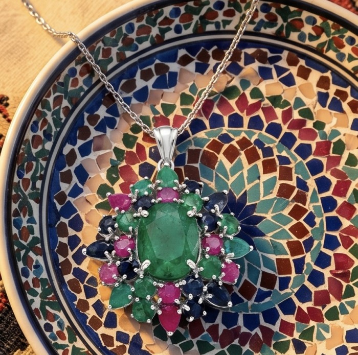 Tiffany - Authentic 8.5 carat Emerald 18K Gold over .925 Sterling Silver handmade Statement Pendant - Close-up of emerald pendant on a patterned plate background.