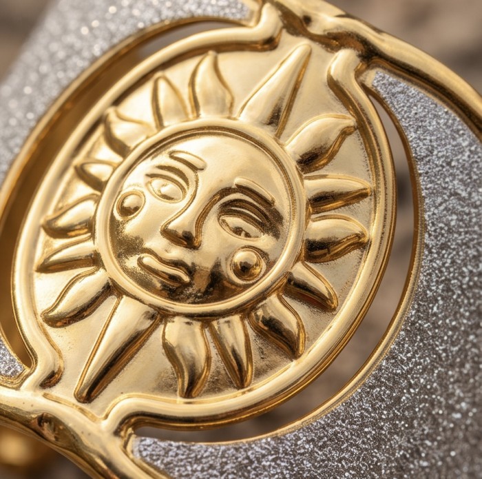 Renewal - Byzantine design Authentic Topaz 14K Gold over .925 Sterling Silver handcrafted Bracelet / Cuff - Close-up of sun motif on Renewal Byzantine 14K gold topaz jewelry