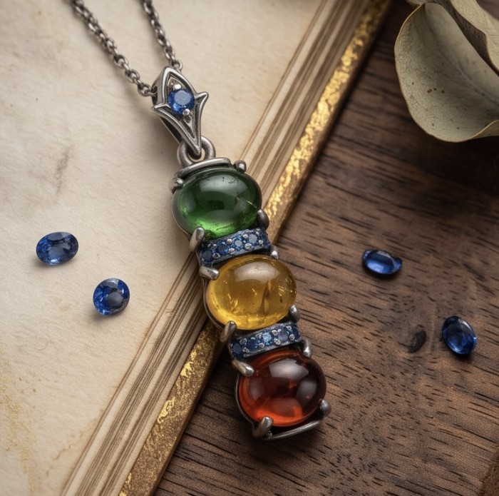 Stella 8.5 carat Brazilian Watermalon Tourmaline black rhodium over .925 Sterling Silver handmade Pendant - Close-up of Stella tourmaline pendant with blue gemstones on wood surface.