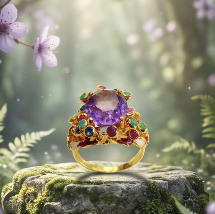 Melissa 17.5 carat Pink Amethyst Enamel 22K Gold over .925 Silver handcrafted Cocktail Ring s. 6 3/4 - Ornate gemstone ring on mossy rock, side view highlighting details.
