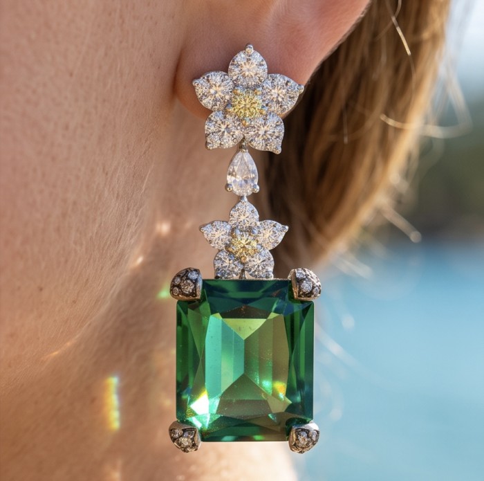 Tiffany - Authentic 14.8 CARAT Siberian Chrome Diopside rhodium over .925 Sterling Silver handcrafted earrings - Close-up of large green Siberian Chrome Diopside earring worn on ear.