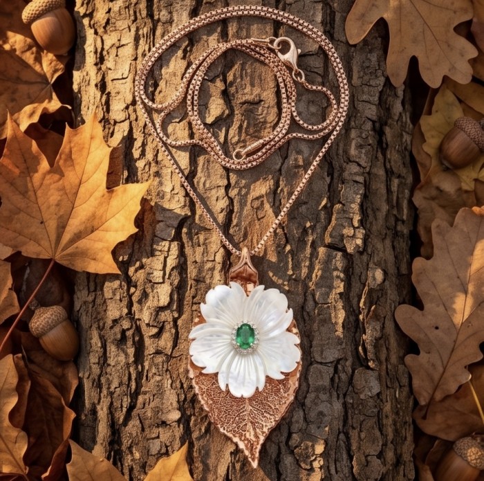 English Oak Leaf - Real Leaf dipped in copper and .925 Sterling Silver handmade handcrafted Necklace - Pendant on bark with autumn leaves and acorns, top view